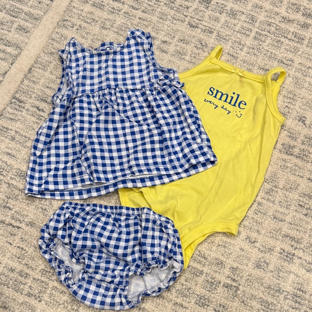 Blue Gingham Baby Outfit Set + Smile Onesie Bundle